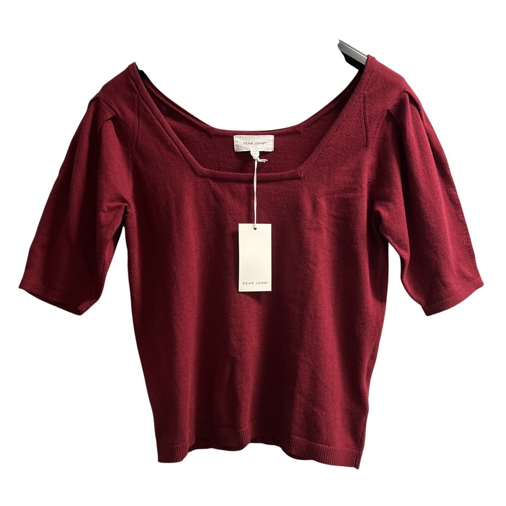 Dear John Sweater Cranberry Square Neck Puff Short Sleeve Wool Blend Size Large
